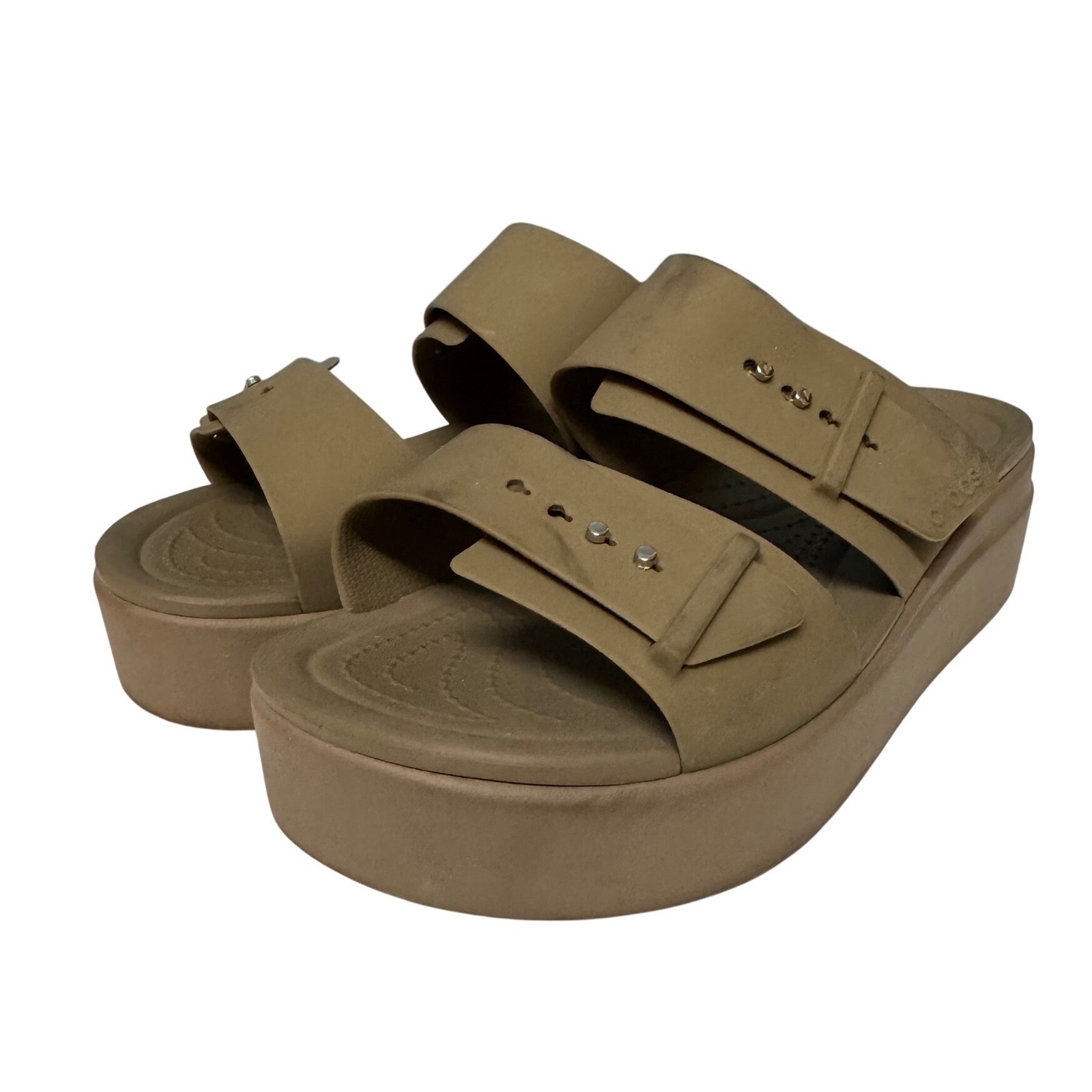 Crocs Literide 360 Brooklyn Platform Sandals Tan Khaki Buckle Slides Womens 9